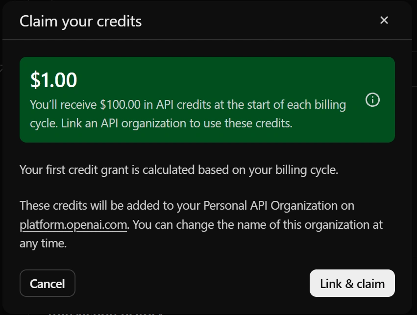 ChatGPT claim credits window showing $1.00 initial grant and $100 API credits.