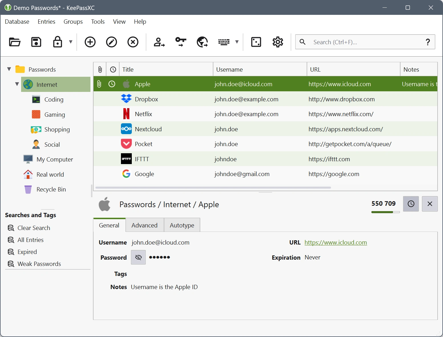 The KeePassXC password manager displays a list of saved passwords for various online services. Rows show the service name (e.g., Apple, Dropbox), username, URL, and password (obscured). A search bar and navigation tabs are visible.