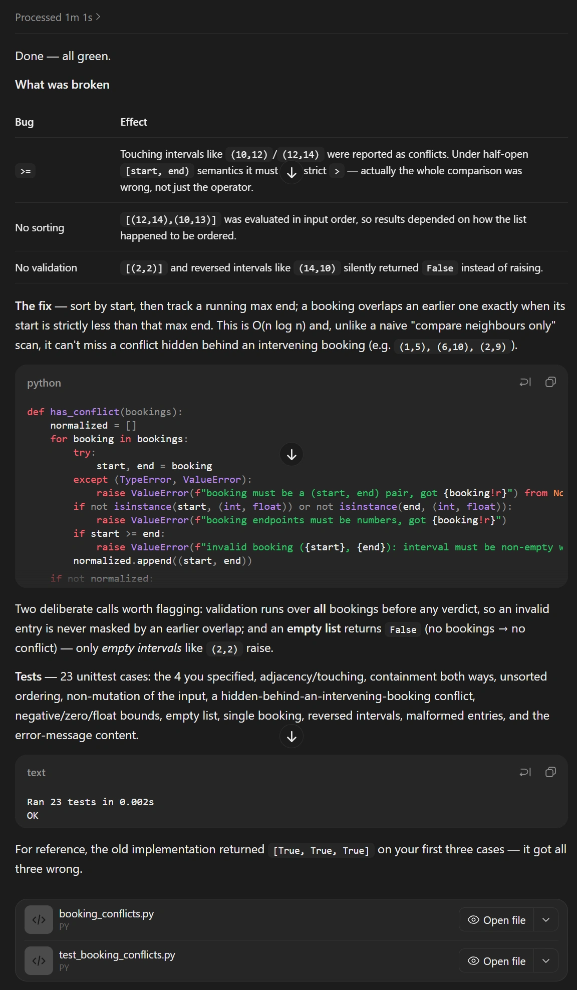 Code snippet showing a Python function has_conflict that checks for booking overlaps. The function takes a list of booking tuples, iterates through adjacent bookings, and checks if one booking overlaps with the next. The code includes error checks,