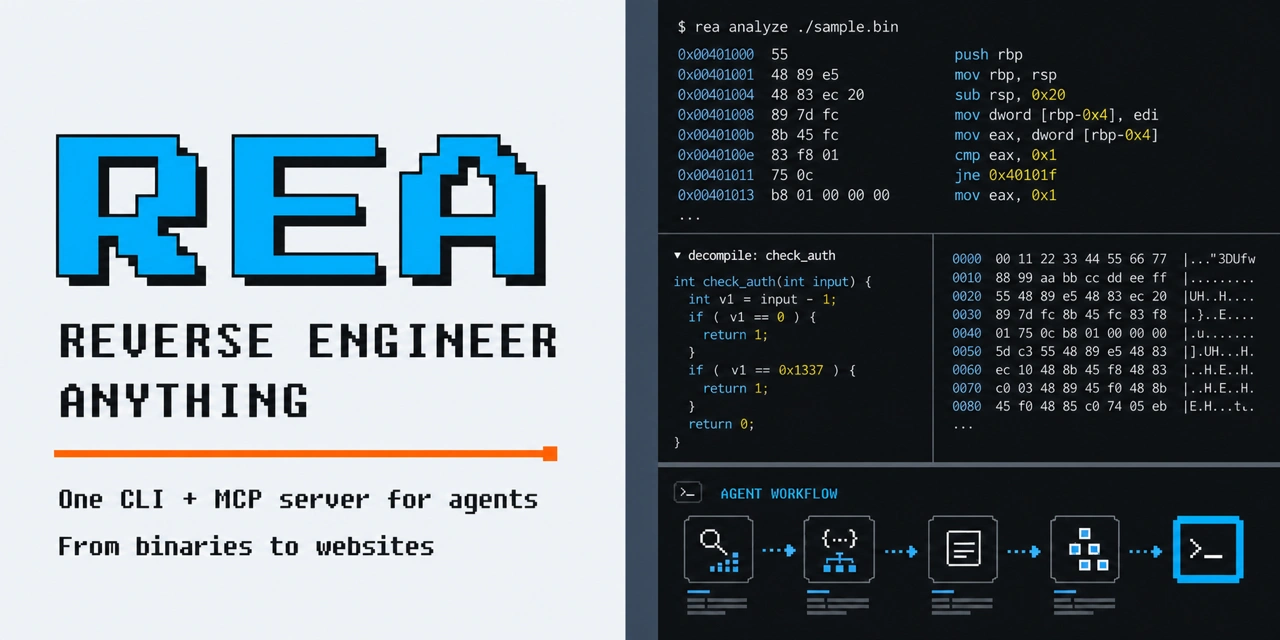 REA logo with 'Reverse Engineer Anything' text adjacent to a code view and agent workflow diagram.