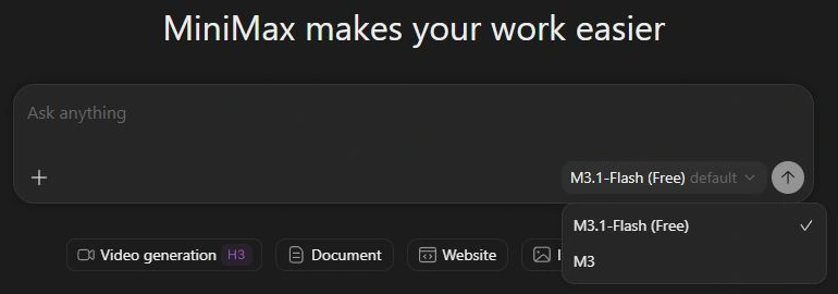 A dropdown menu shows 'M3.1-Flash (Free)' selected under 'M3'. The menu appears within a dark interface labeled 'MiniMax makes your work easier'.