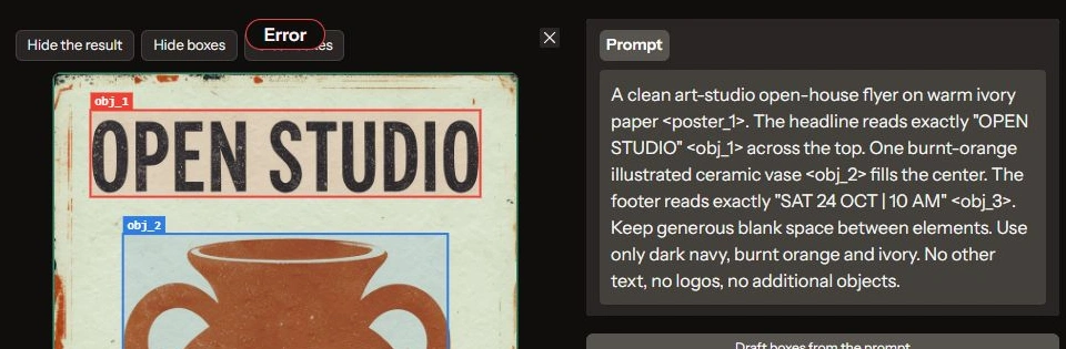 An open studio flyer on ivory paper. The text "OPEN STUDIO" appears in bold red lettering across the top, and "SAT 24 OCT | 10 AM" is visible in burnt orange text below an image of a ceramic vase.