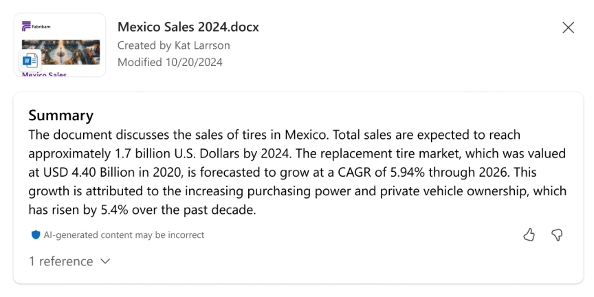 A Microsoft Word document titled "Mexico Sales 2024.docx" is shown. The document was created by Kat Larsson and modified on 10/20/2024. The document displays a summary stating tire sales in Mexico are expected to reach approximately 1.7 billion U.S.D