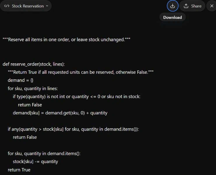Python code for a stock reservation function.