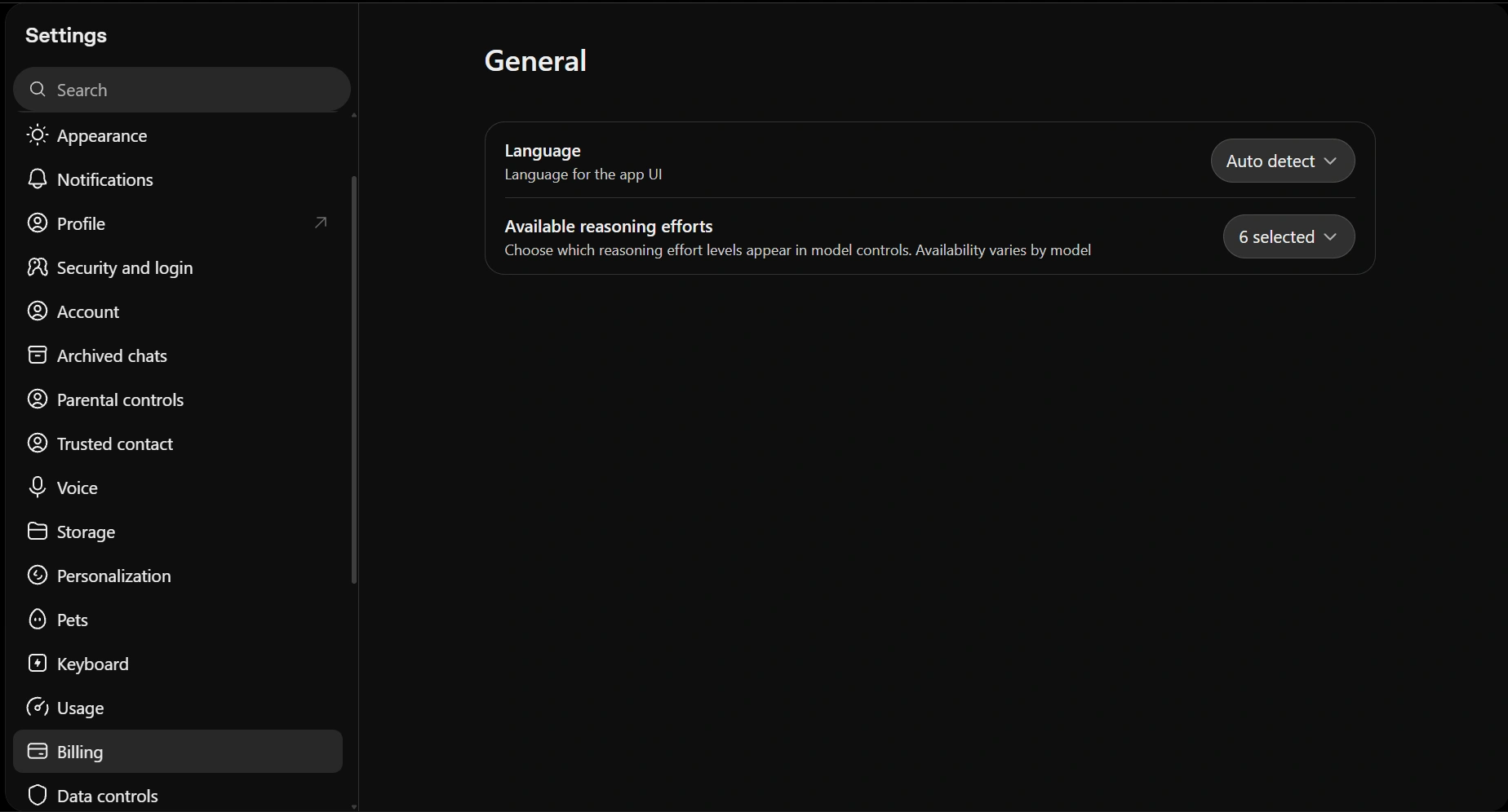 ChatGPT settings page showing language and reasoning efforts options