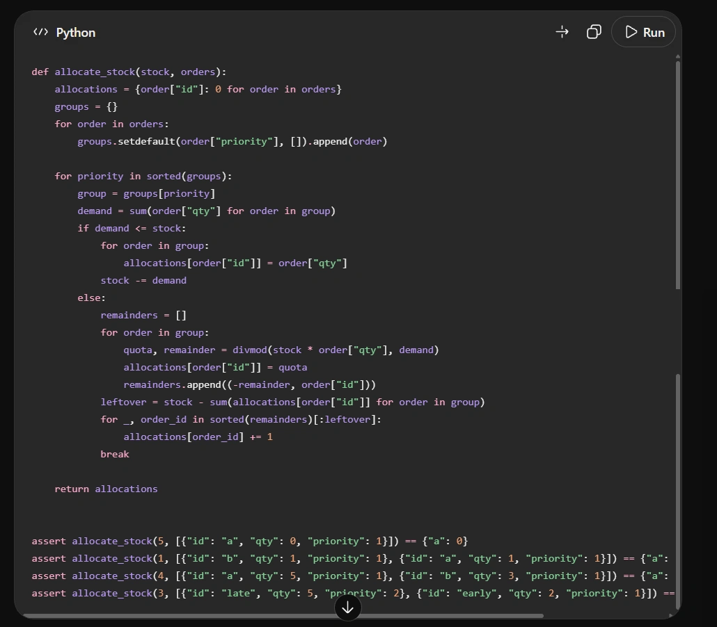 Python code for allocating stock based on orders and priority
