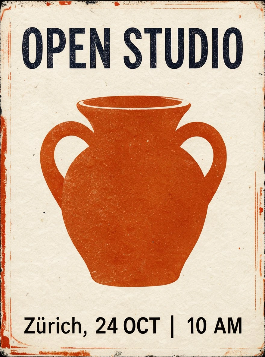Poster with "OPEN STUDIO" in large, dark letters above a brown vase illustration. Below, text reads "Zürich, 24 OCT | 10 AM".