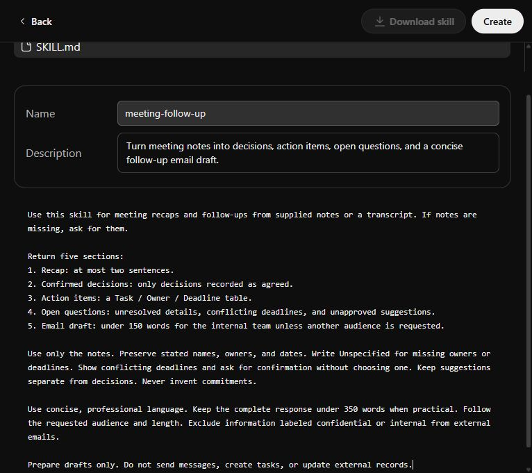 Adding instructions in ChatGPT Skills