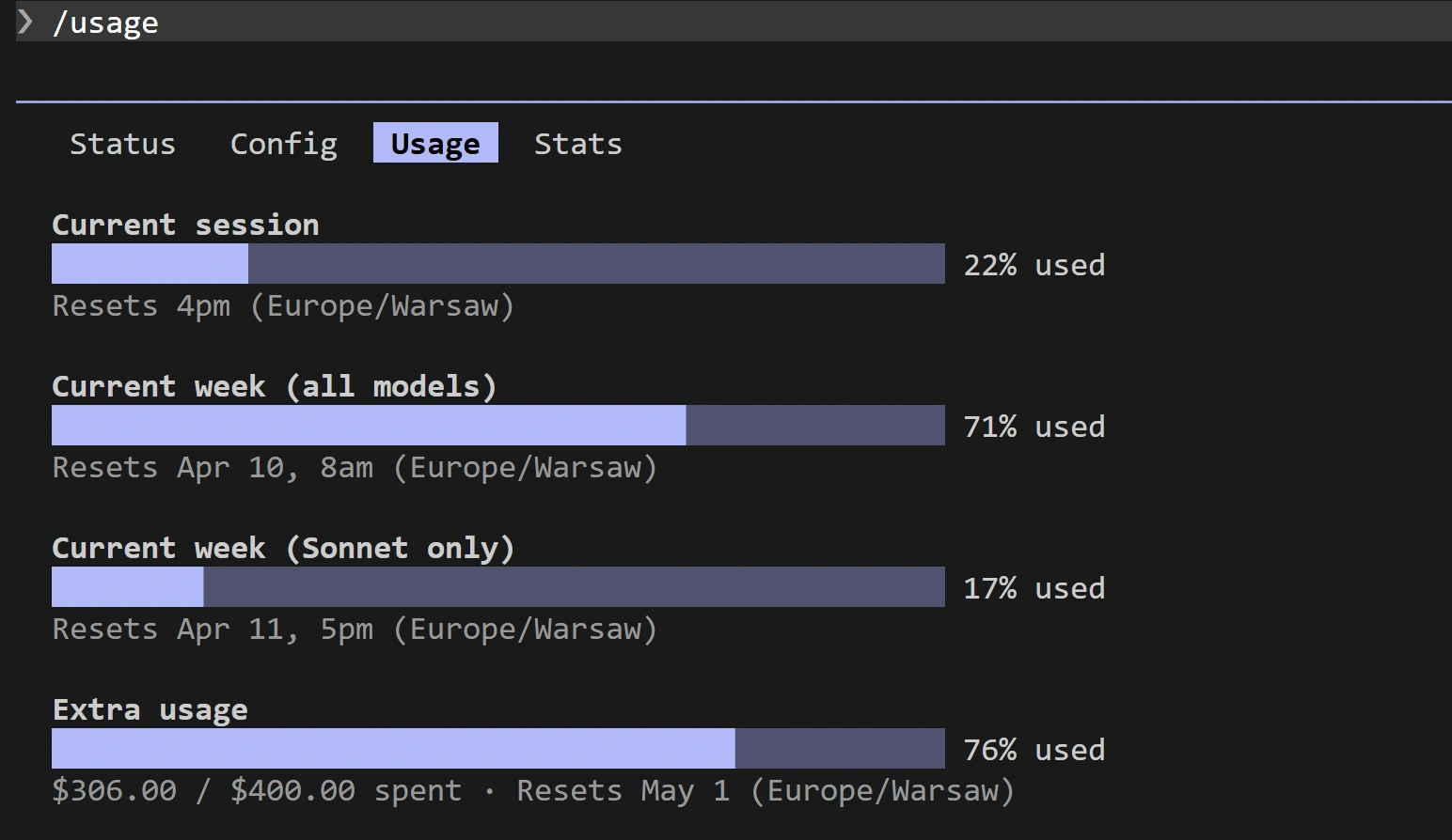 Usage statistics for current session, current week (all models & Sonnet only), and extra usage are displayed. Bars show percentage used and reset times.