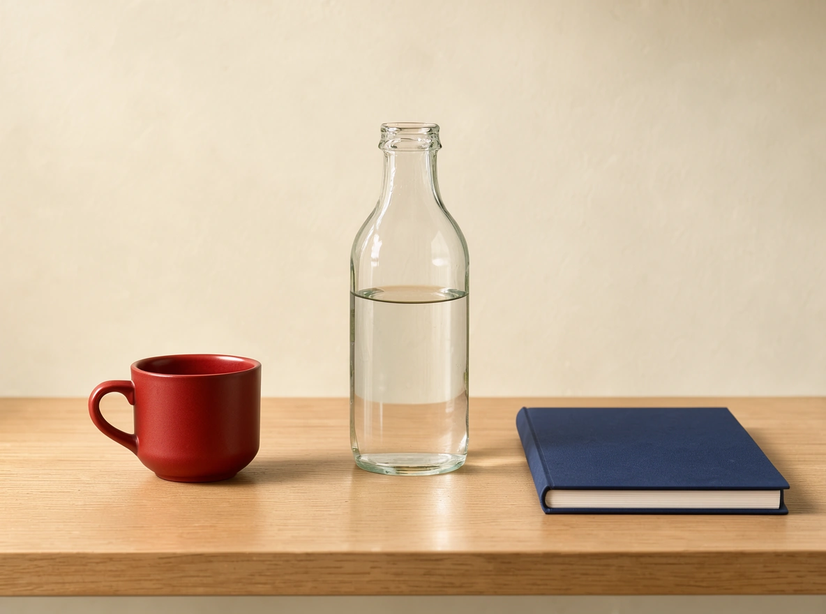 A red mug, a clear glass bottle with water, and a closed blue notebook are arranged on a light wooden tabletop against a beige background.