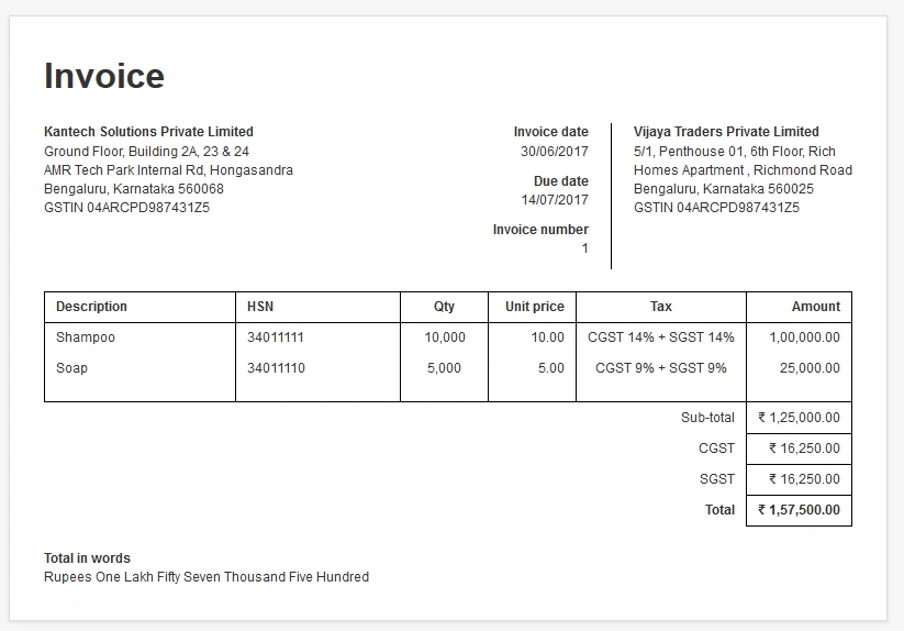 Invoice showing shampoo and soap products with CGST and SGST tax rates, subtotal, and total amounts.