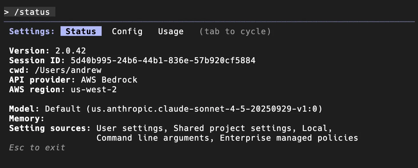 A terminal displays the "/status" information of a Claude session. The version is 2.0.42, session ID is 5d40b995-24b6-44b1-836e-57b920cf5884, and the API provider is AWS Bedrock. The region is us-west-2. The active model is Default (us.anthropic.cla-