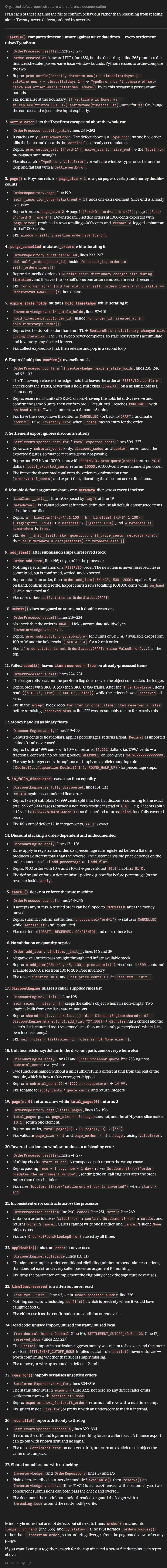 Claude Opus 5 listing problems in the codebase