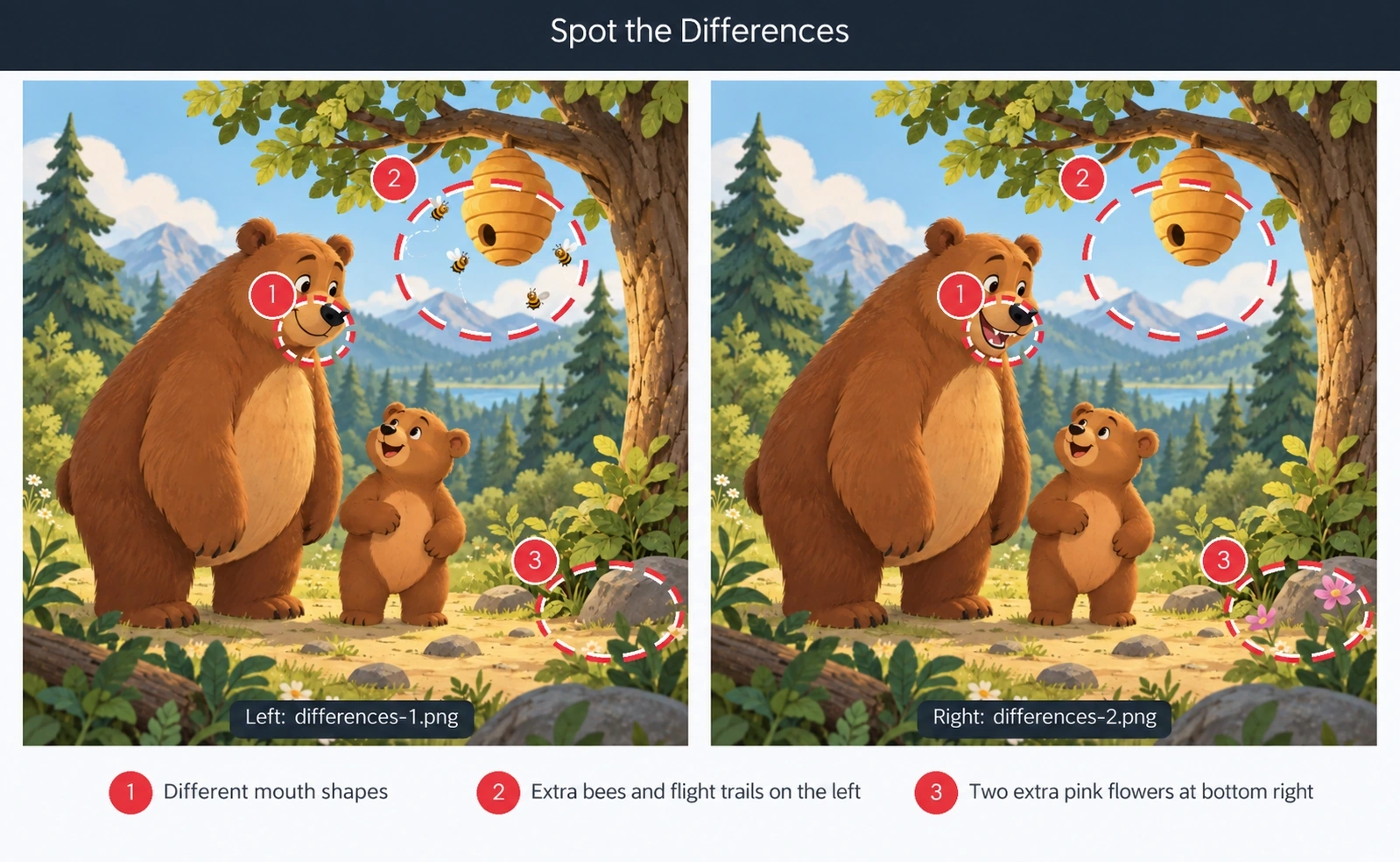 Two bear illustrations are shown side-by-side. The left image depicts a bear with a distinct mouth shape and a cluster of bees and flight trails near a honeycomb. The right image shows subtle differences, including a different mouth shape for the new