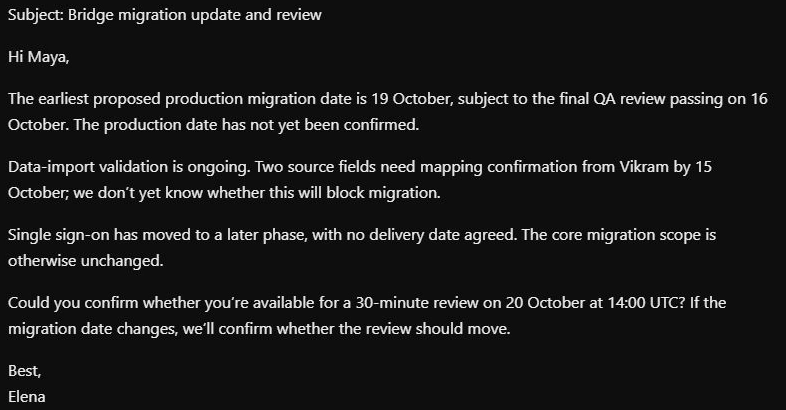 Email discusses bridge migration update and review on October 20th.