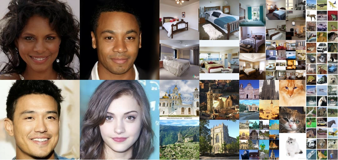 Published DDPM image samples showing generated faces, interiors, buildings and animals.