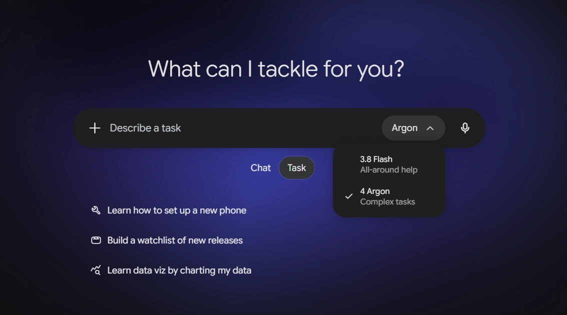 A dark blue screen displays "What can I tackle for you?" above a search bar. Below are options to "Describe a task," "Chat," and "Task." A dropdown menu labeled "Argon" is open, showing options like "3.8 Flash" and "4 Argon." Other options listed are
