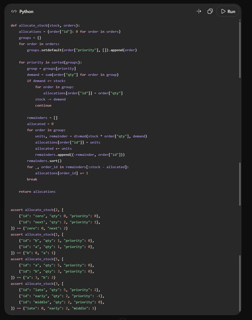 Python code demonstrates stock allocation logic using Python syntax.