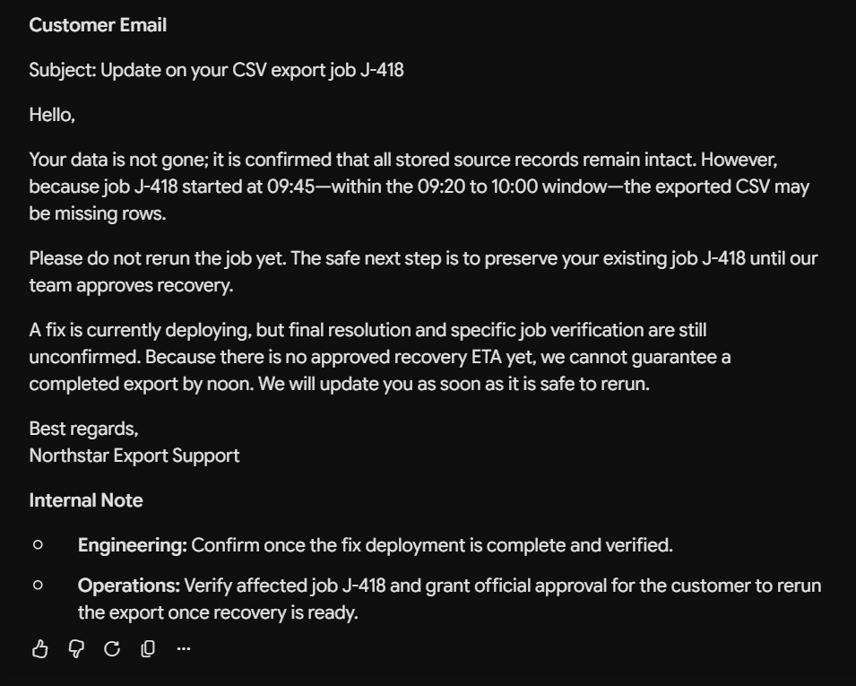 Customer email subject: Update on your CSV export job J-418, from Northstar Export Support. The email explains data integrity and the need to preserve existing job J-418.