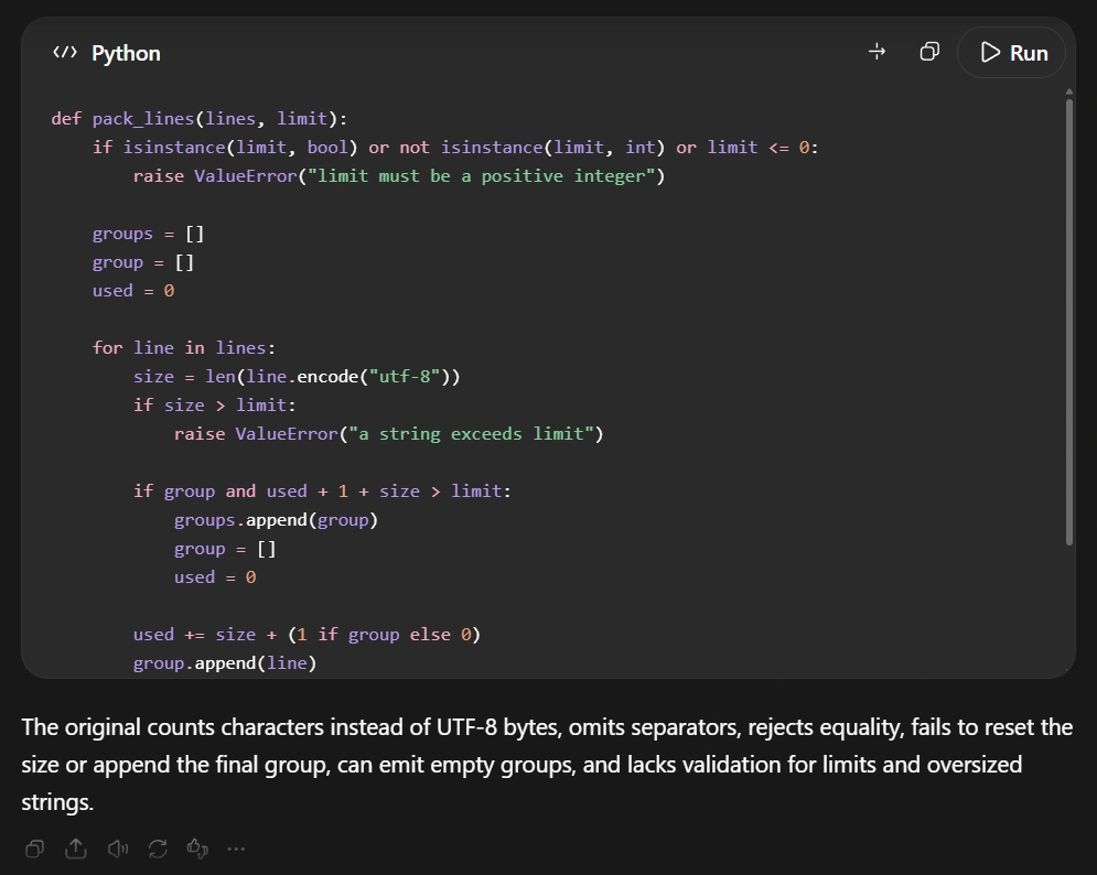 Python code snippet displaying a function called 'pack_lines' that processes text lines, validates input, and manages groups of lines based on a specified limit. The comments describe UTF-8 encoding and validation logic.
