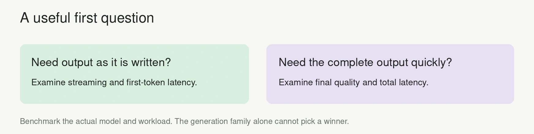Choose evaluation criteria based on whether partial output or completed output matters most.