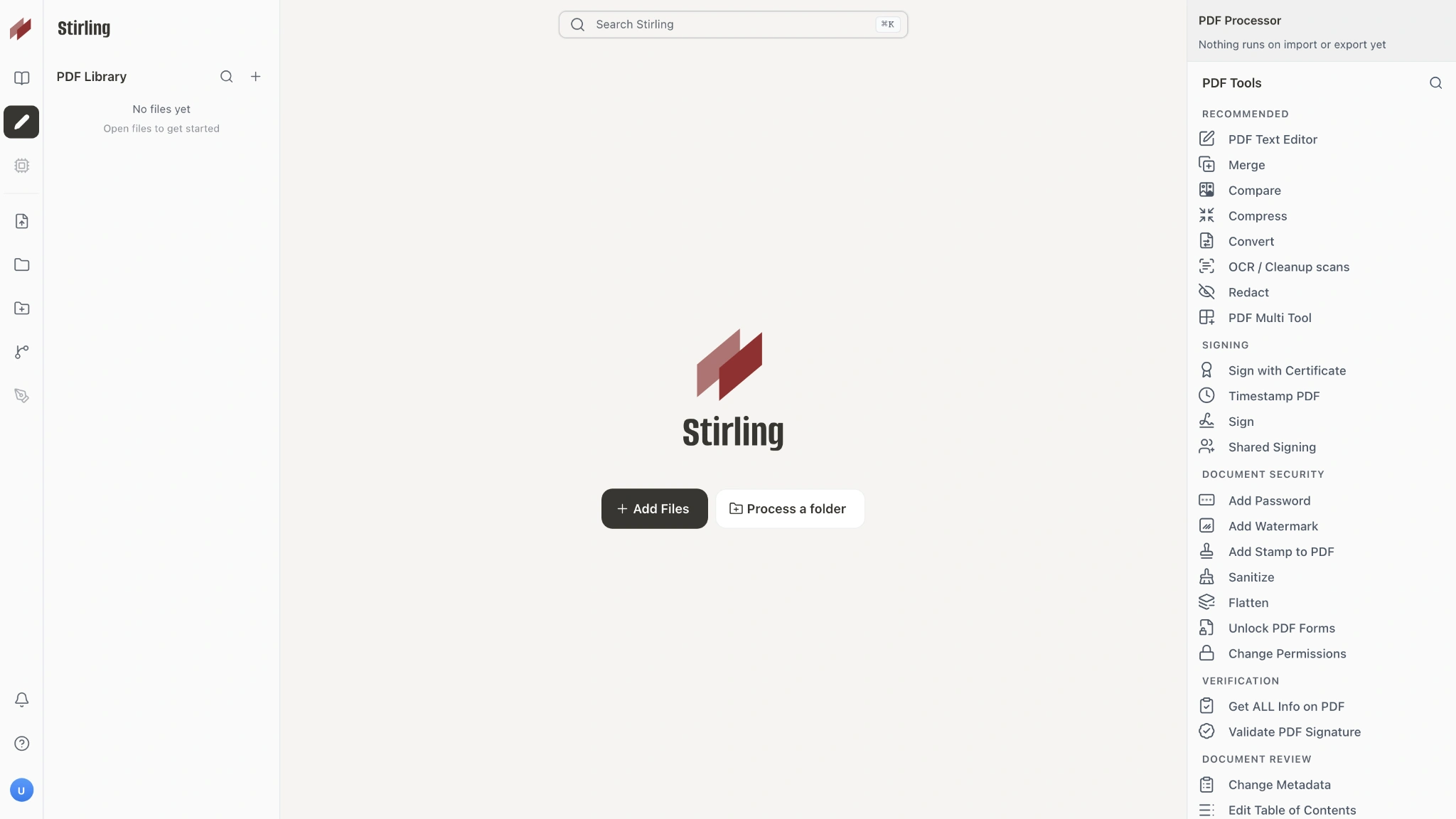 Stirling PDF interface showing a search bar, PDF tools on the right, and options to add files or process a folder. The Stirling logo is prominently displayed in the center.