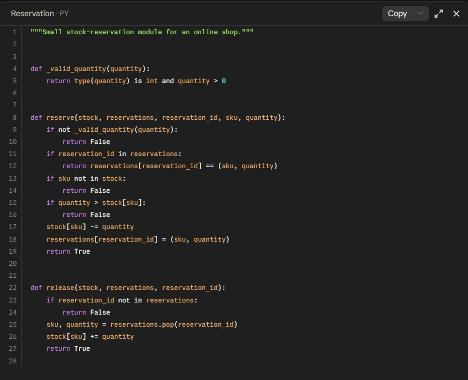 Code displaying Python script for stock reservation and release module within an online shop context.