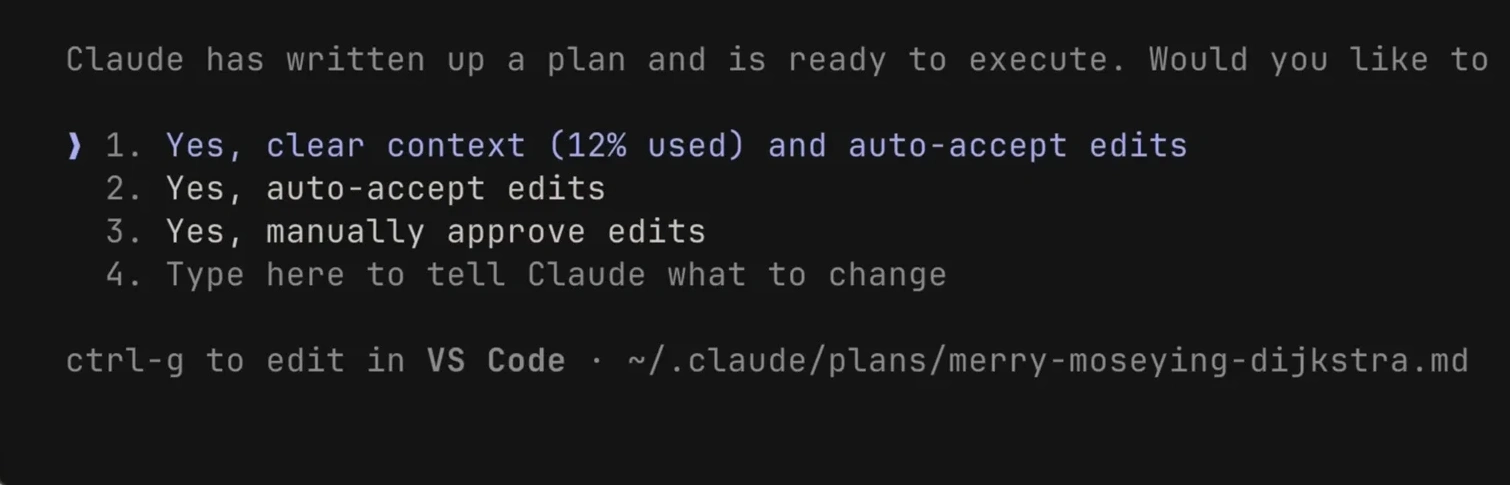 A terminal shows a prompt asking to execute a plan created by Claude. Options include 'Yes, clear context' and 'Yes, auto-accept edits'.