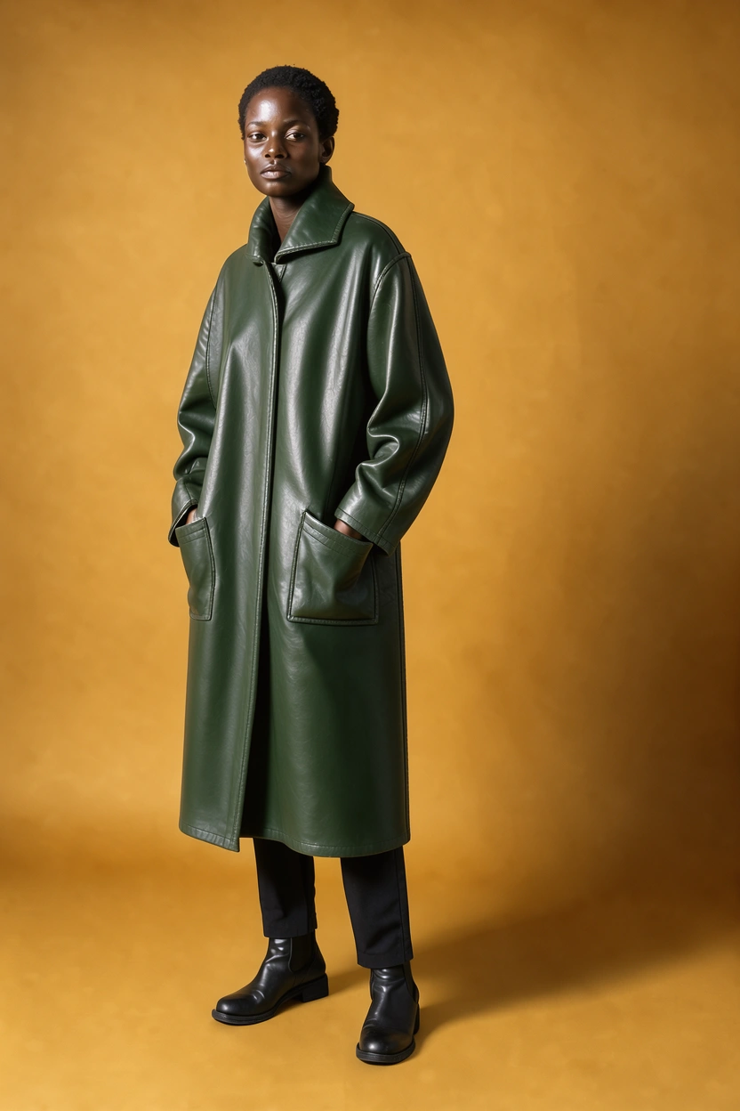 Person wearing a long, forest-green leather coat standing in a studio setting against a yellow backdrop. The coat has large pockets and a collar. The person is wearing black pants and boots.