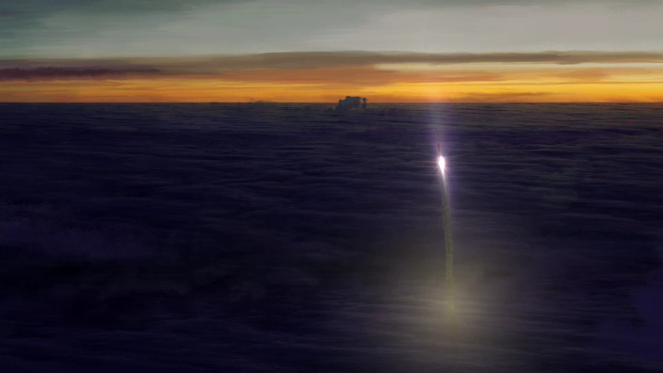 A bright object leaving a trail above a cloud layer over a dark ocean near a distant landmass.