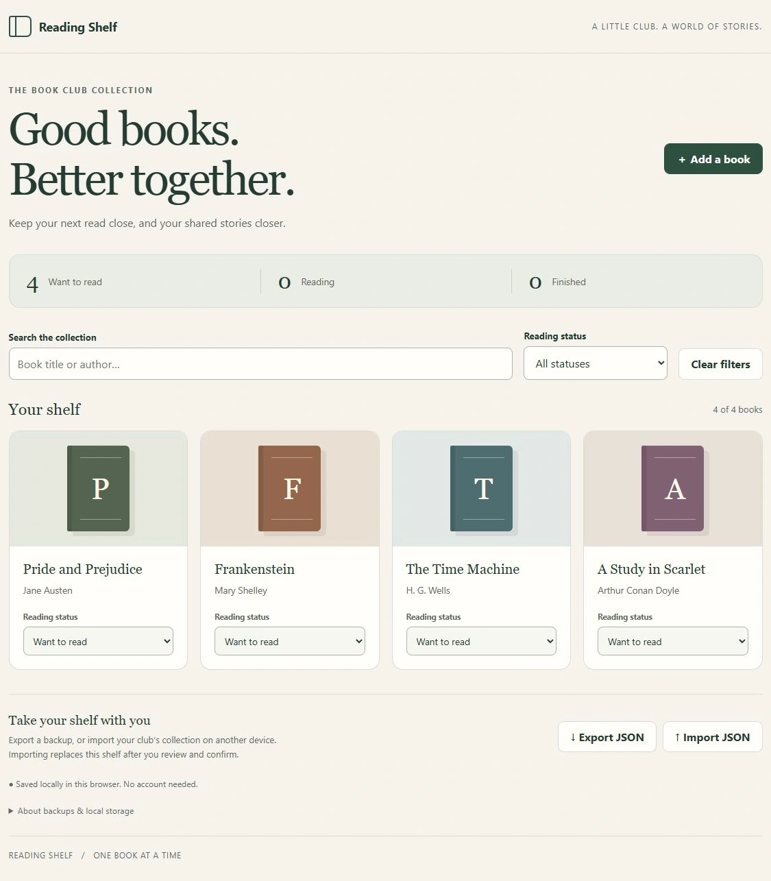 A bookshelf displays four book covers: Pride and Prejudice, Frankenstein, The Time Machine, and A Study in Scarlet. Each cover is square with a unique letter representing the first letter of the book title. Below each cover, the book title and author