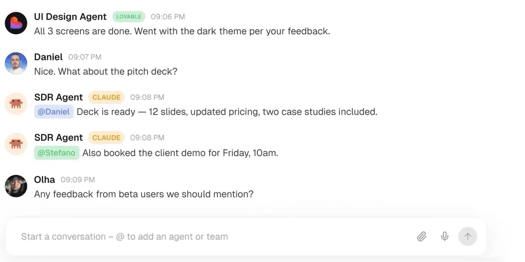A chat interface shows a conversation between multiple users mentioning a deck, client demo, and beta user feedback.