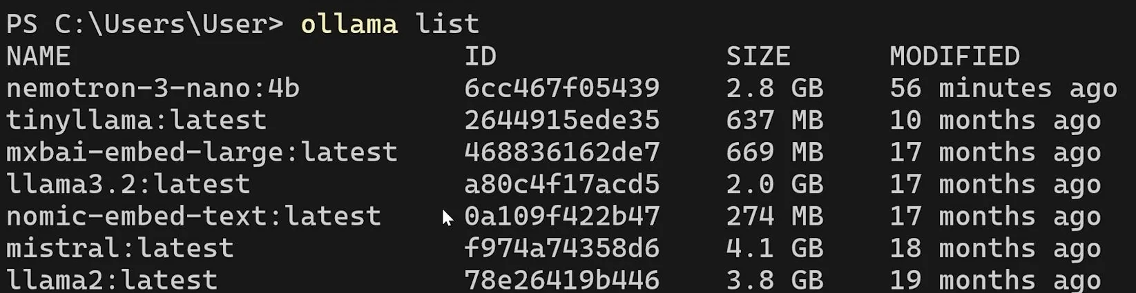 Ollama list command